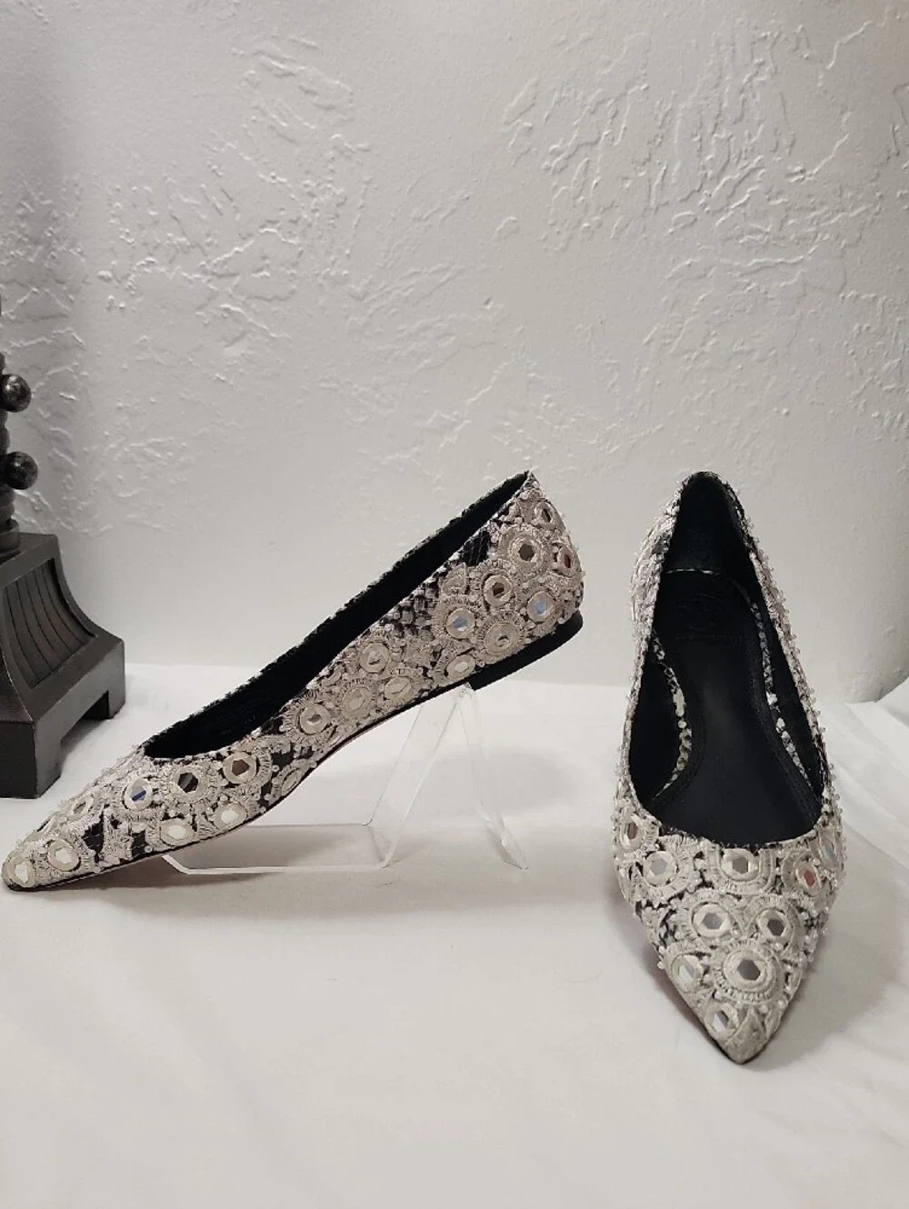 Tory Burch Silver Embellished Pointed Toe Flats